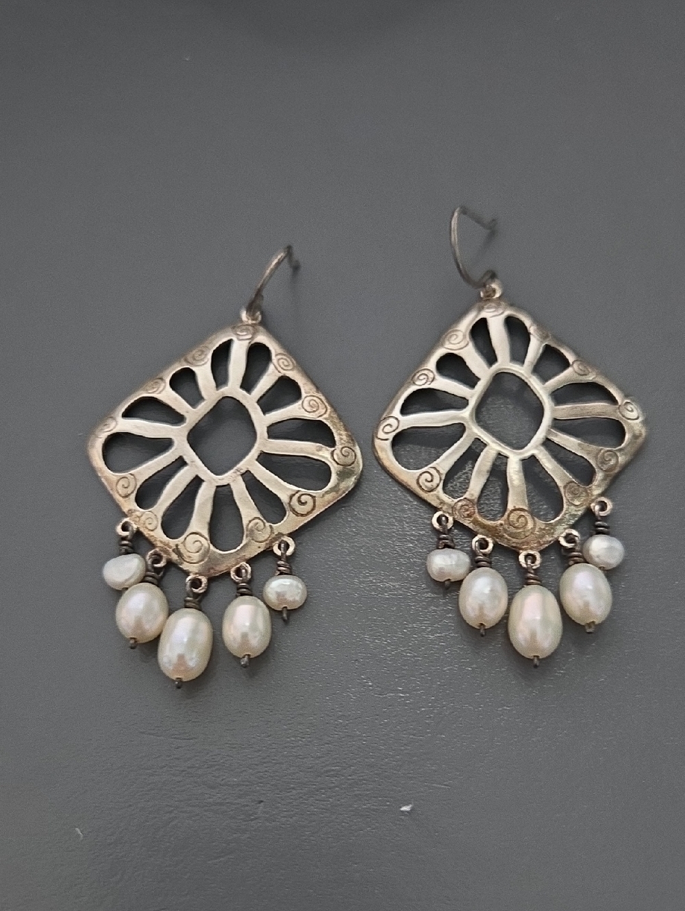Silpada Retired Sterling Silver Cut Out Fresh Water Pearl Chandelier Earrings